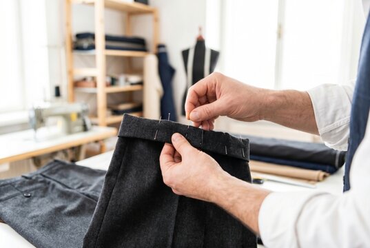 Tailor hands pinning the hem of dark grey trousers in a clothing workshop