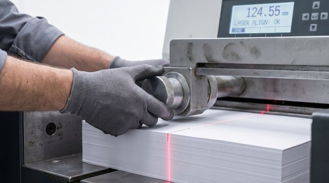 Worker hands operating a heavy duty industrial paper guillotine cutter with laser alignment