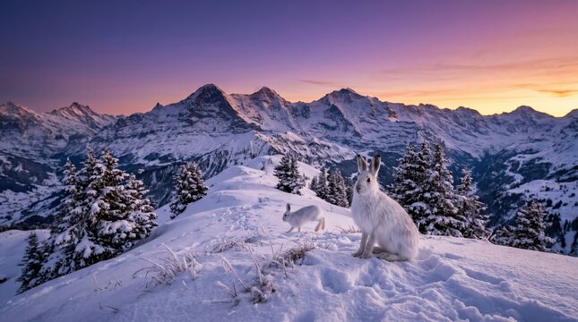 Group of Mountain Hares in the Swiss Alps at Purple Sunset