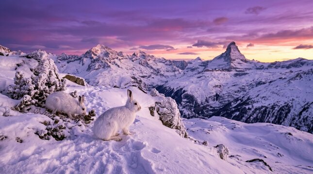 Group of Mountain Hares in the Swiss Alps at Purple Sunset