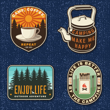Camping patch set vector badges outdoor adventure campfire coffee kettle enjoy life embroidered style sticker pack for t shirt print isolated background