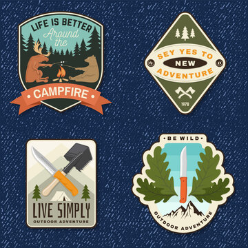 Camping badge set vector outdoor adventure patches campfire live simply bushcraft knife survival embroidered style sticker pack for t shirt print isolated background