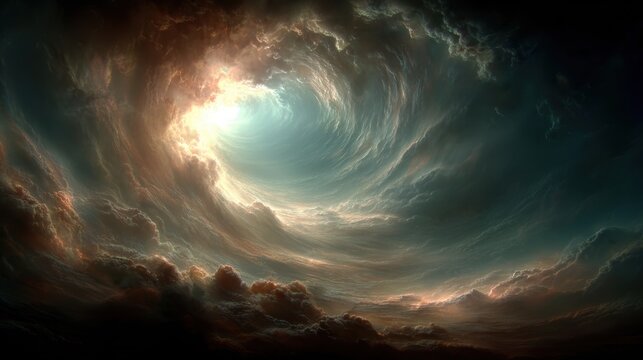 Space universe exploration, fantasy. A vivid digital artwork depicts a swirling vortex of clouds. The swirling vortex is a mesmerizing blend of deep blues and fiery oranges.