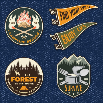 Camping patch set vector outdoor adventure badges campfire season forest survive flags embroidered style sticker pack for t shirt print isolated background