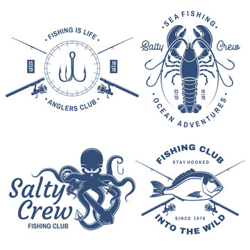 Fishing badge set vector salty crew sea fishing club patches octopus lobster hook crossed rods nautical embroidered style sticker pack isolated background