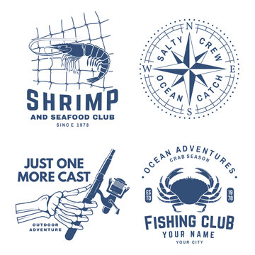 Fishing badge set vector seafood fishing club patches crab shrimp compass rod hand nautical ocean adventure embroidered style sticker pack isolated background