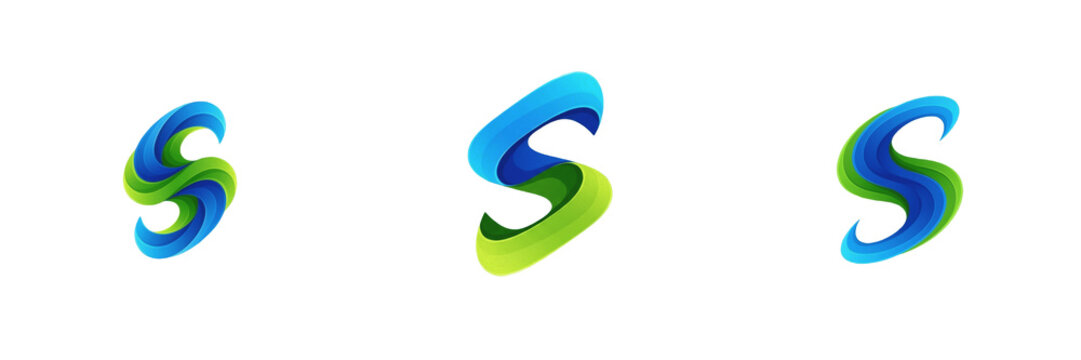 Set and collection of blue and green s-shaped logo icon isolated on white transparent png background