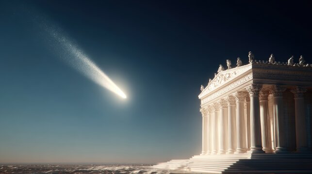 Space universe exploration, fantasy. A digital artwork depicts a grand, neoclassicalstyle temple with intricate carvings and statues atop its pediment. The temple is illuminated by soft, golden light.