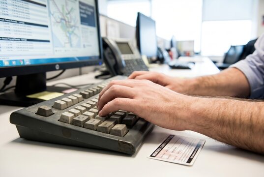 Close up of male hands typing on a very old dirty computer keyboard in an office