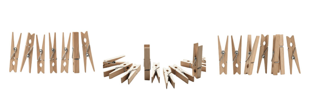 Set and collection of brown wooden clothes pins isolated on white transparent png background
