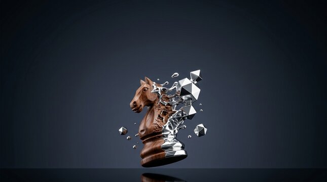 Shattered chess knight piece, breaking apart, 3D rendering, abstract strategy concept