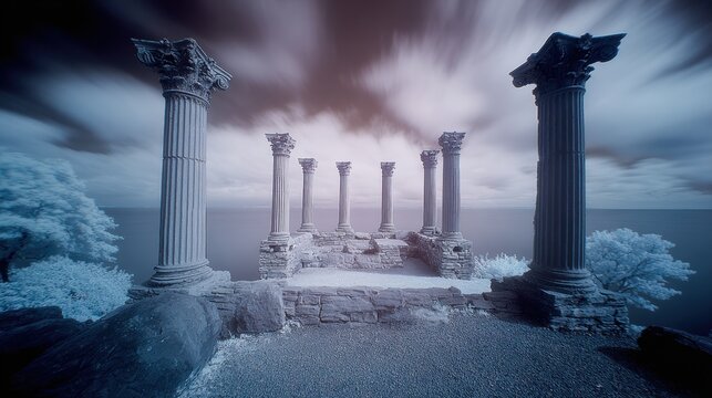 Space universe exploration, fantasy. A longexposure photograph of an ancient temple or monument. The temple consists of tall, slender columns with intricate carvings and a central pediment.