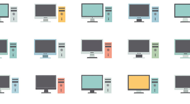 Seamless pattern of vintage desktop computers and towers, flat design