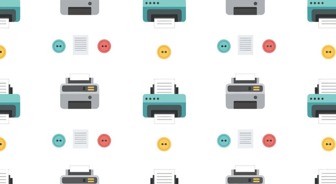 Seamless pattern of modern printers and document icons on white background