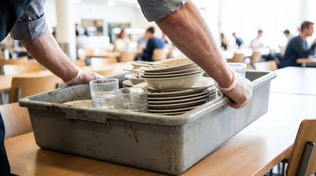 Cafeteria worker carrying a heavy plastic bin full of dirty dishes and glasses
