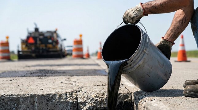 Road construction worker pouring black liquid asphalt from a bucket to seal a street crack