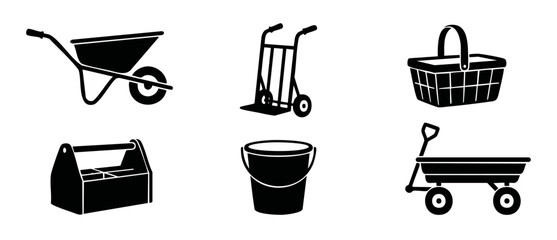 Wheelbarrow Hand Truck Basket Icons Set - Construction and Garden Tool Collection in Black Silhouette Style for Logistics, Warehouse, and Retail Concept Design, Minimalist Flat Vector Graphics Illustr © Fernando