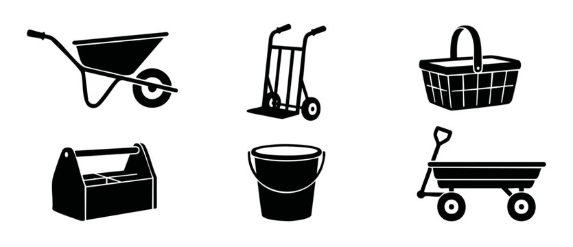 Wheelbarrow Hand Truck Basket Icons Set - Construction and Garden Tool Collection in Black Silhouette Style for Logistics, Warehouse, and Retail Concept Design, Minimalist Flat Vector Graphics Illustr