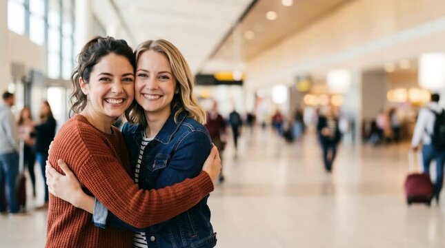 Two happy young women hugging and smiling at the camera in a busy airport terminal. Joyful friends reuniting or saying goodbye before a trip. Travel and friendship concept