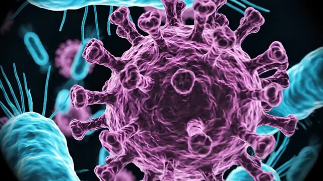 Microscopic view of bacteria and viruses in vibrant colors.