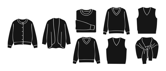 Naklejka premium Sweater and Cardigan Icon Set, Clothing Apparel Collection for Fashion Design, Minimalist Flat Vector Symbols of Pullovers, V-neck Vests, Bomber Jackets and Knitted Wear for Autumn Winter Wardrobe Sty