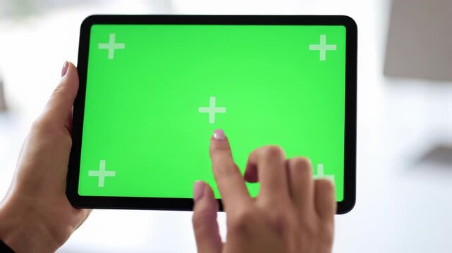Close-up video: well-groomed female hands hold a sleek digital tablet horizontally, displaying a pure chroma key green screen in a soft-focus modern office. High-tech commercial concept
