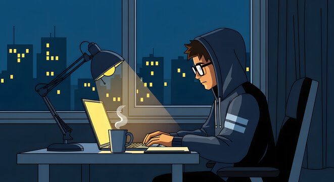Focused young coder working diligently on his laptop late into the night, illuminated by a desk lamp
