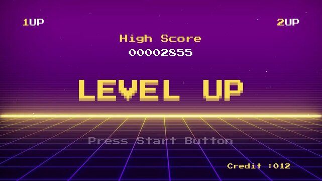 Level Up Screen In Retro Arcade Game With High Score And Player 1 & 2 Indicators