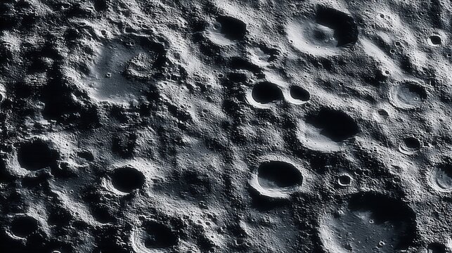 Space universe exploration, fantasy. A black and white closeup of the surface of a celestial body, likely the moon. The texture is rough and uneven, featuring numerous craters and ridges.