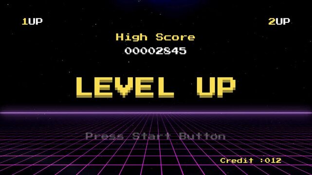 LEVEL UP! Vintage Arcade Game Screen with High Score and Credit Display