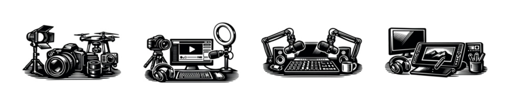 Black and white vector illustration of digital media equipment including cameras microphones and graphic tablet