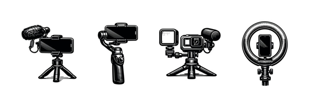 Vector illustration of mobile and camera accessories in black and white silhouette style