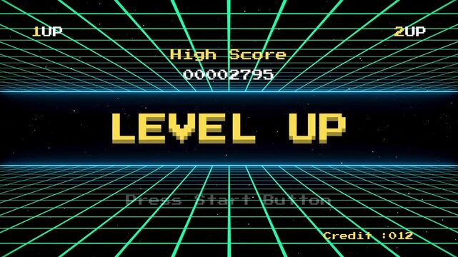 LEVEL UP screen from a classic arcade video game, displaying the high score and encouraging players to continue their gaming journey