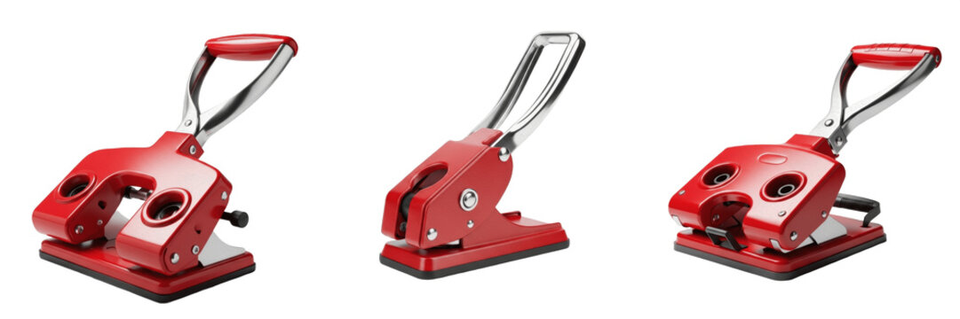 Set and collection of red paper hole puncher tool isolated on white transparent png background