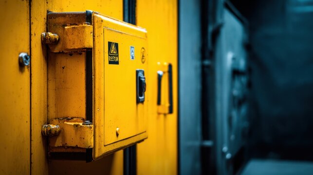 Bold Yellow Industrial Explosion-Proof Door with Hazard Warning Sign in a Gritty Manufacturing Facility