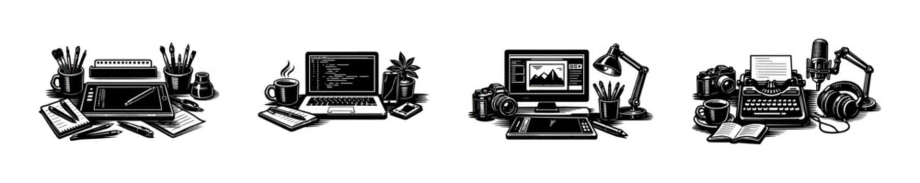 Black and white vector illustrations of creative workspaces with computers typewriters and art supplies