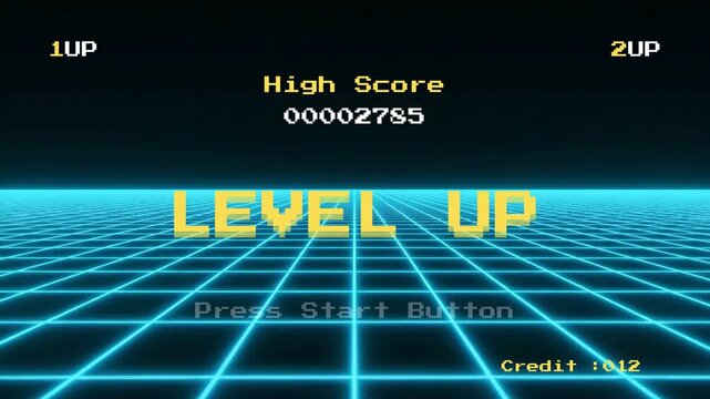 Retro gaming screen showing LEVEL UP with glowing grid lines and high score