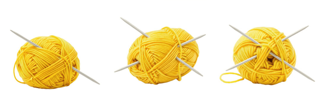 Set and collection of yellow wool yarn ball with needles isolated on white transparent png background