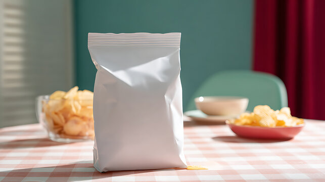 Blank white packaging bag for snacks or food products on a checkered tablecloth, with blurred potato chips and colorful background elements