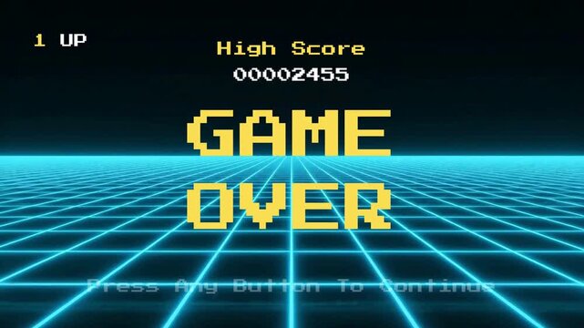 Retro Video Game Score Screen with 'Game Over' Message and Neon Grid Background