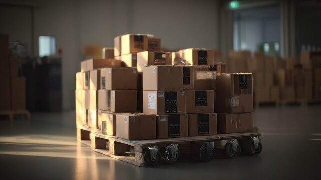 Numerous cardboard boxes stacked neatly on a wooden pallet in a well-lit warehouse environment