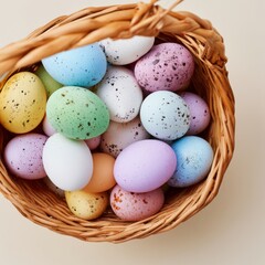 Fototapeta premium Various Colored Eggs Inside a Woven Basket During an Easter Celebration Event