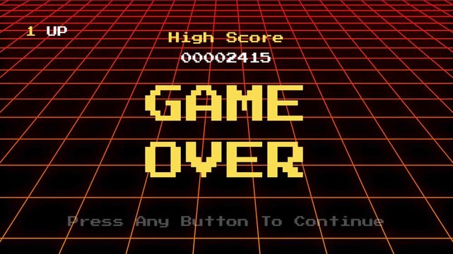 Game Over Screen from a Retro Video Game Displaying High Score and 'Press Any Button to Continue' Prompt