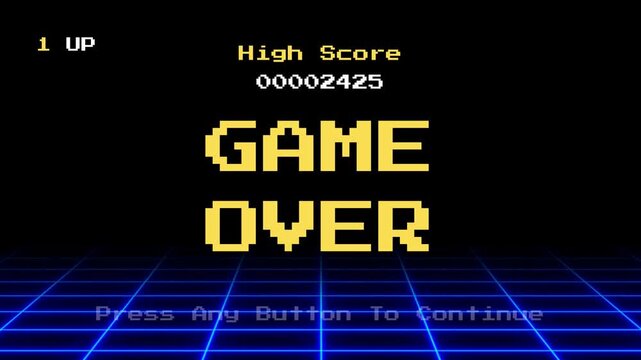 GAME OVER screen from a retro arcade video game, displaying the score and prompting to press any button to continue