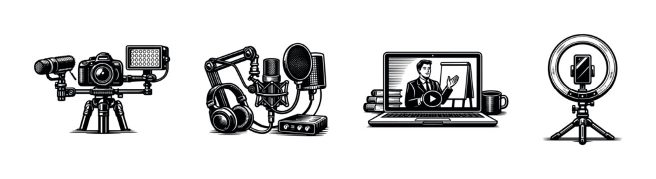 Professional audio and video equipment illustrations, camera, microphone, laptop, ring light, vector design