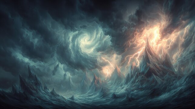 Fantasy wallpaper. A vivid digital artwork depicts a dramatic stormy scene. The main subject is a swirling vortex of dark, stormy clouds, illuminated by a bright, fiery light source.