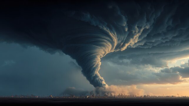 Tornado, twister, weather, natural disaster. A dramatic depiction of a large, swirling cloud formation, resembling a tornado or a tornado, over a cityscape at sunset.