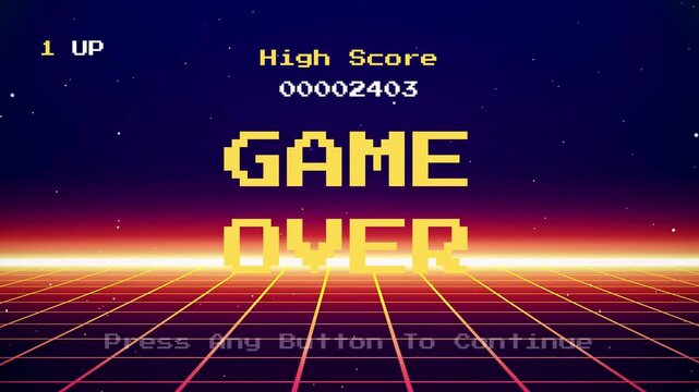 Retro arcade game over screen with high score and pixelated text