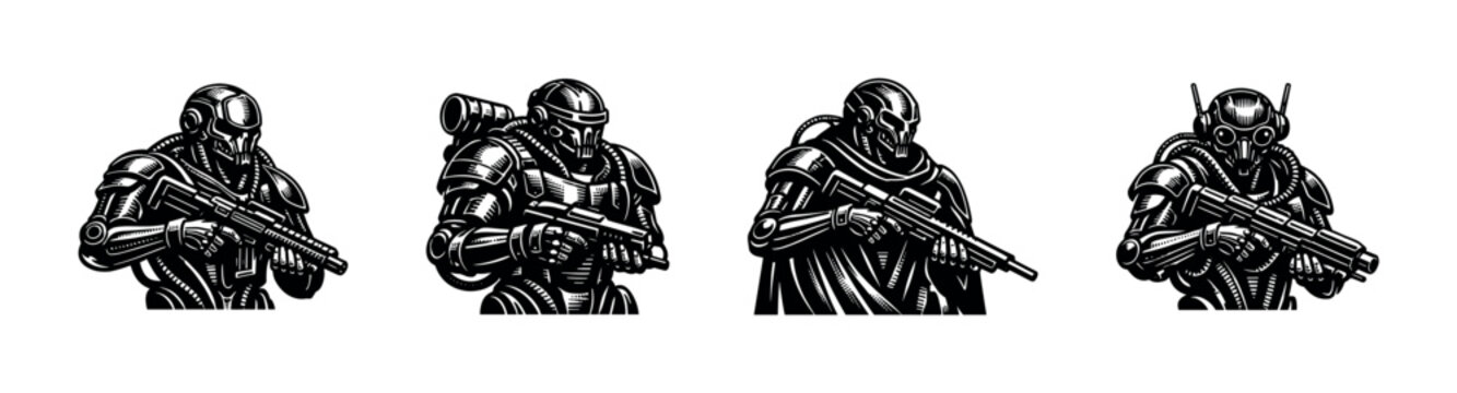 Futuristic robot soldier illustrations, robotic warrior vector art, black and white sci-fi elements