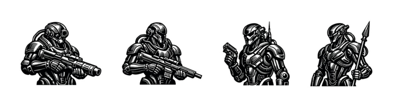 Futuristic armored robot warriors black and white vector illustration set